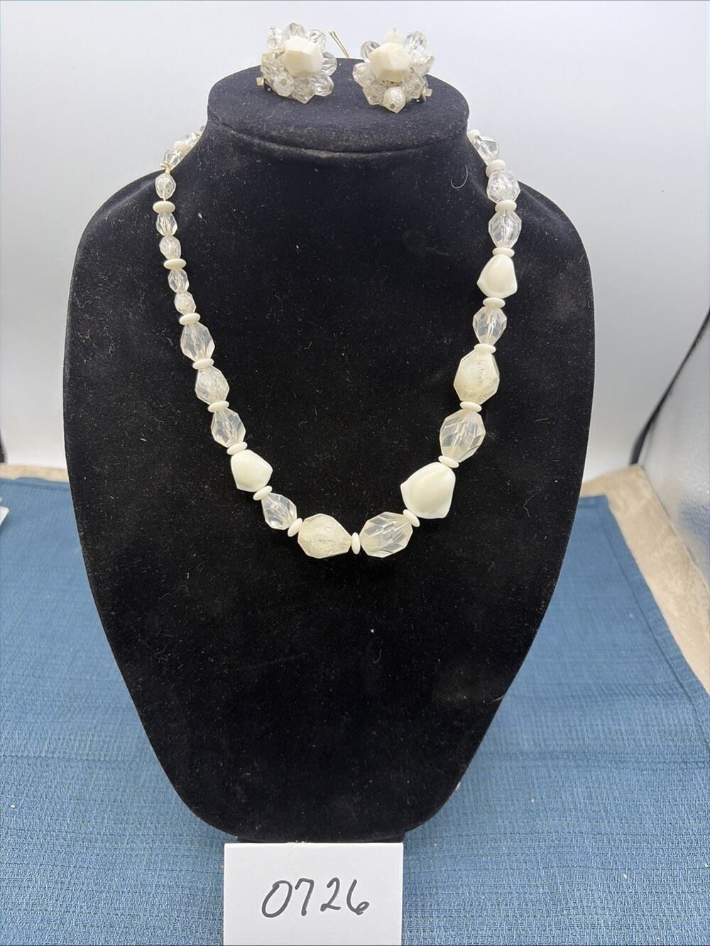 Vintage West Germany Clear Crackle & White Glass Necklace Earring Set, Clip On
